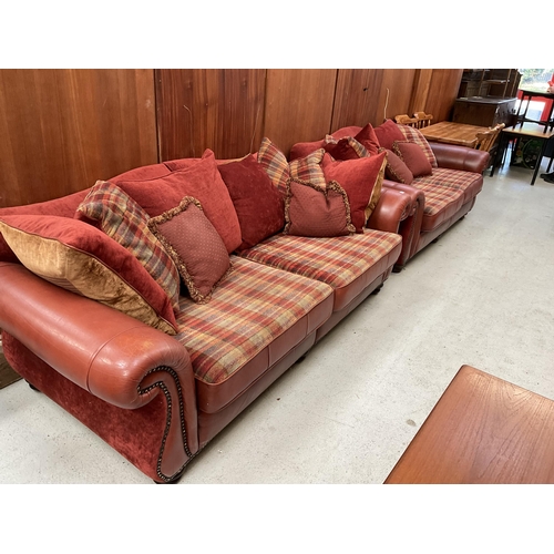 453 - TERRACOTTA LEATHER AND FABRIC 3 SEATER AND 2 SEATER OVERSIZED SOFAS WITH CUSHIONS H 35