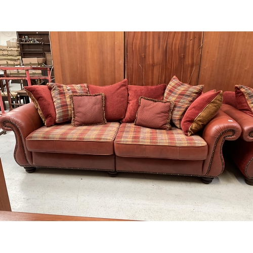 453 - TERRACOTTA LEATHER AND FABRIC 3 SEATER AND 2 SEATER OVERSIZED SOFAS WITH CUSHIONS H 35