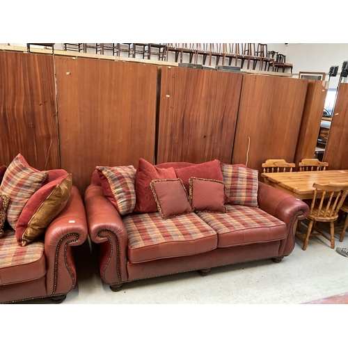 453 - TERRACOTTA LEATHER AND FABRIC 3 SEATER AND 2 SEATER OVERSIZED SOFAS WITH CUSHIONS H 35