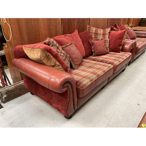 453 - TERRACOTTA LEATHER AND FABRIC 3 SEATER AND 2 SEATER OVERSIZED SOFAS WITH CUSHIONS H 35