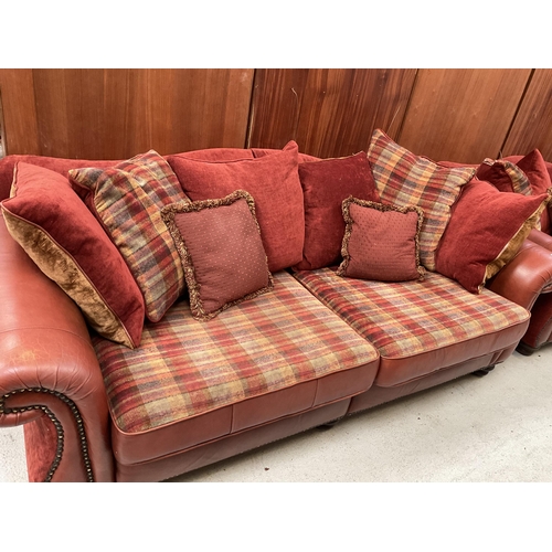 453 - TERRACOTTA LEATHER AND FABRIC 3 SEATER AND 2 SEATER OVERSIZED SOFAS WITH CUSHIONS H 35