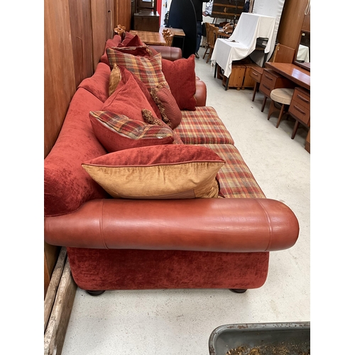 453 - TERRACOTTA LEATHER AND FABRIC 3 SEATER AND 2 SEATER OVERSIZED SOFAS WITH CUSHIONS H 35