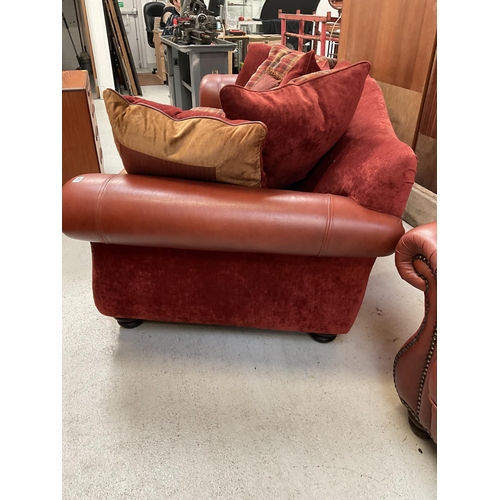 453 - TERRACOTTA LEATHER AND FABRIC 3 SEATER AND 2 SEATER OVERSIZED SOFAS WITH CUSHIONS H 35