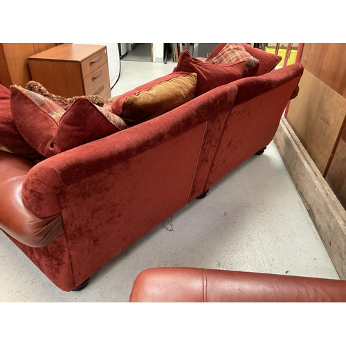 453 - TERRACOTTA LEATHER AND FABRIC 3 SEATER AND 2 SEATER OVERSIZED SOFAS WITH CUSHIONS H 35