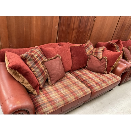 453 - TERRACOTTA LEATHER AND FABRIC 3 SEATER AND 2 SEATER OVERSIZED SOFAS WITH CUSHIONS H 35