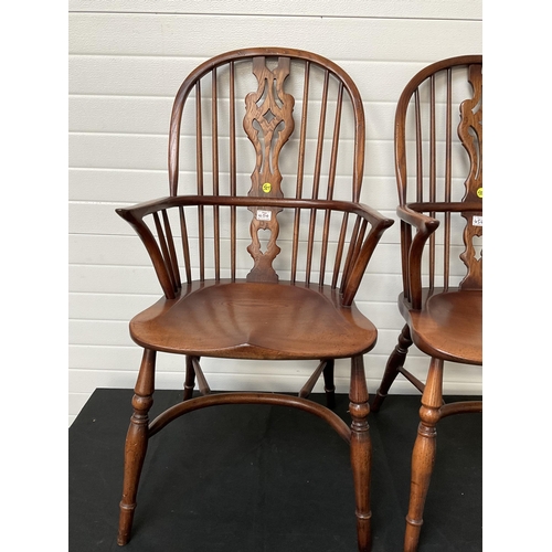 454 - PAIR OF OAK WINDSOR ARMCHAIRS WITH CRINOLINE STRETCHERS H 41