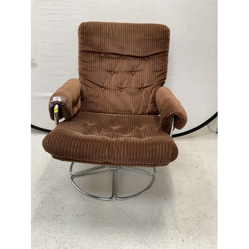 469 - RETRO BROWN FABRIC SWIVEL CHAIR ON CHROME BASE