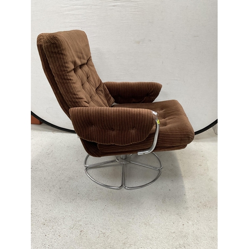 469 - RETRO BROWN FABRIC SWIVEL CHAIR ON CHROME BASE