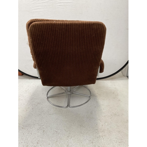 469 - RETRO BROWN FABRIC SWIVEL CHAIR ON CHROME BASE