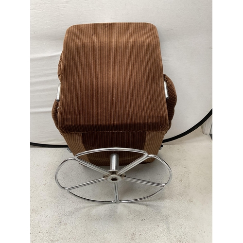 469 - RETRO BROWN FABRIC SWIVEL CHAIR ON CHROME BASE