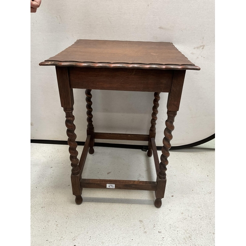 472 - VINTAGE OAK BARLEYTWIST STRETCHERED WINDOW TABLE WITH PIE CRUST EDGE TOP H 29