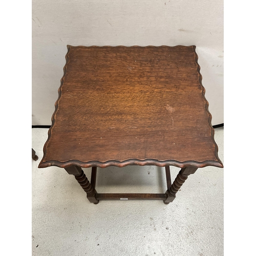 472 - VINTAGE OAK BARLEYTWIST STRETCHERED WINDOW TABLE WITH PIE CRUST EDGE TOP H 29