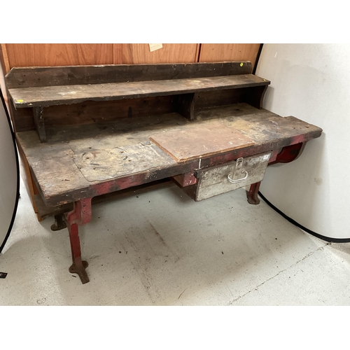 479 - LARGE WORK BENCH WITH HEAVY CAST IRON ENDS (ORIGINATES FROM GKN SANKEYS OF TELFORD)