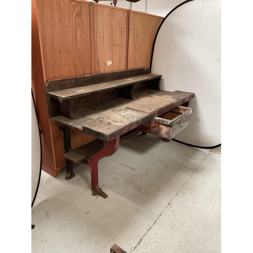 479 - LARGE WORK BENCH WITH HEAVY CAST IRON ENDS (ORIGINATES FROM GKN SANKEYS OF TELFORD)