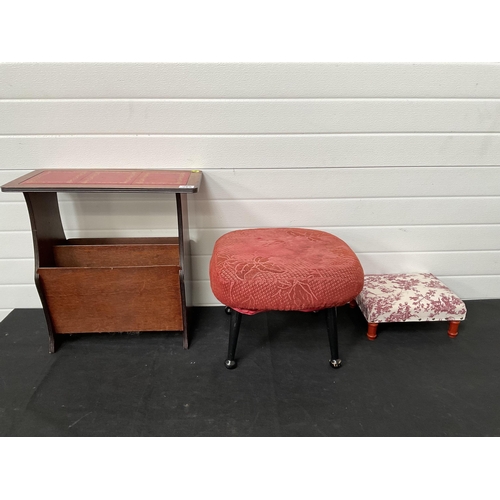 483 - REPRODUCTION MAHOGANY MAGAZINE RACK AND A 2 FOOTSTOOLS