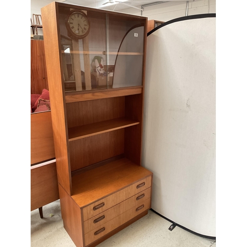 488 - VINTAGE TEAK LOUNGE CABINET WITH SLIDING GLASS DOORS TO TOP OPEN SHELVES OVER 3 DRAWER BASE BADGED G... 