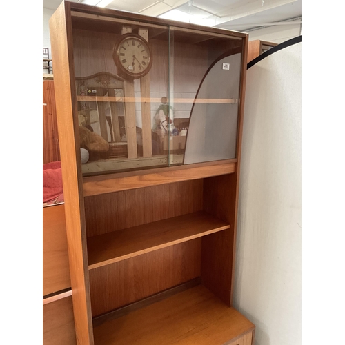 488 - VINTAGE TEAK LOUNGE CABINET WITH SLIDING GLASS DOORS TO TOP OPEN SHELVES OVER 3 DRAWER BASE BADGED G... 