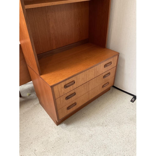 488 - VINTAGE TEAK LOUNGE CABINET WITH SLIDING GLASS DOORS TO TOP OPEN SHELVES OVER 3 DRAWER BASE BADGED G... 