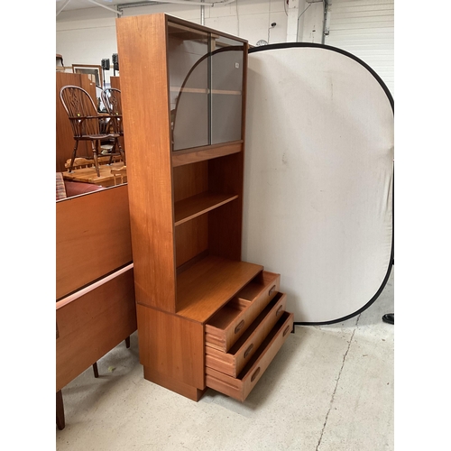 488 - VINTAGE TEAK LOUNGE CABINET WITH SLIDING GLASS DOORS TO TOP OPEN SHELVES OVER 3 DRAWER BASE BADGED G... 