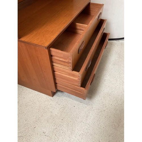 488 - VINTAGE TEAK LOUNGE CABINET WITH SLIDING GLASS DOORS TO TOP OPEN SHELVES OVER 3 DRAWER BASE BADGED G... 