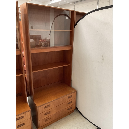 489 - VINTAGE TEAK LOUNGE CABINET WITH SLIDING GLASS DOORS TO TOP OPEN SHELVES OVER 3 DRAWER BASE BADGED G... 