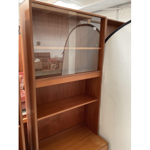 489 - VINTAGE TEAK LOUNGE CABINET WITH SLIDING GLASS DOORS TO TOP OPEN SHELVES OVER 3 DRAWER BASE BADGED G... 