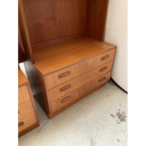 489 - VINTAGE TEAK LOUNGE CABINET WITH SLIDING GLASS DOORS TO TOP OPEN SHELVES OVER 3 DRAWER BASE BADGED G... 