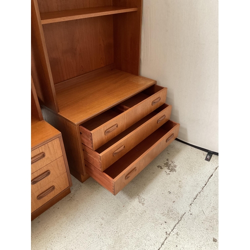 489 - VINTAGE TEAK LOUNGE CABINET WITH SLIDING GLASS DOORS TO TOP OPEN SHELVES OVER 3 DRAWER BASE BADGED G... 