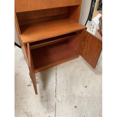 490 - VINTAGE TEAK LOUNGE CABINET WITH OPEN SHELVES OVER COCKTAIL CABINET AND 2 DOORS TO BASE BADGED G PLA... 