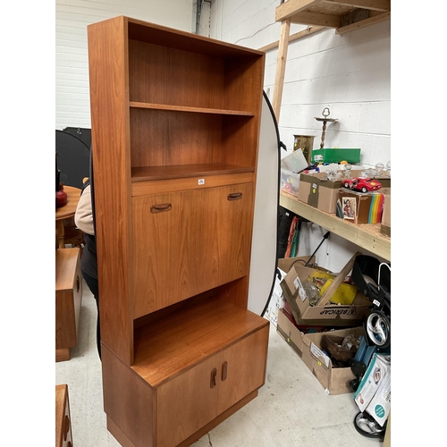 490 - VINTAGE TEAK LOUNGE CABINET WITH OPEN SHELVES OVER COCKTAIL CABINET AND 2 DOORS TO BASE BADGED G PLA... 