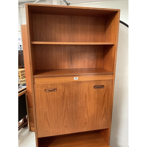 490 - VINTAGE TEAK LOUNGE CABINET WITH OPEN SHELVES OVER COCKTAIL CABINET AND 2 DOORS TO BASE BADGED G PLA... 