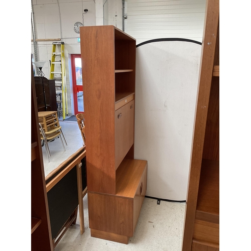 491 - VINTAGE TEAK LOUNGE CABINET WITH OPEN SHELVES OVER COCKTAIL CABINET AND 2 DOORS TO BASE BADGED G PLA... 