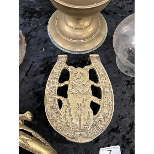 7 - 2 OIL LAMPS AND 2 PIECES OF BRASS TALLEST 9