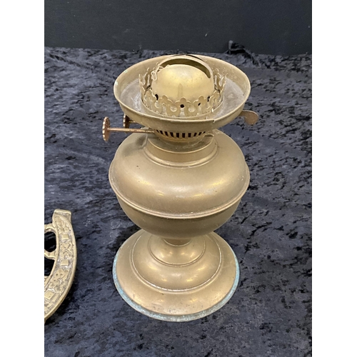 7 - 2 OIL LAMPS AND 2 PIECES OF BRASS TALLEST 9