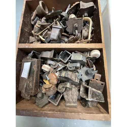 40 - WOODEN CRATE AND PLASTIC CRATE OF VICTORIAN AND LATER FURNITURE FITTINGS