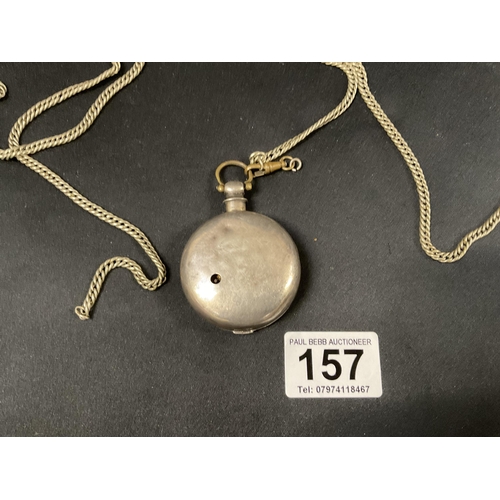 157 - SILVER POCKET WATCH - BIRMINGHAM 1824 AND WHITE METAL CHAIN