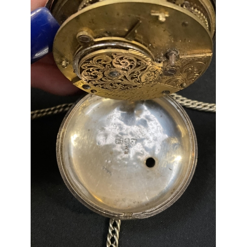 157 - SILVER POCKET WATCH - BIRMINGHAM 1824 AND WHITE METAL CHAIN