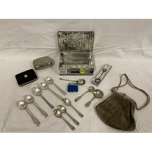 233 - VINTAGE LADIES PURSE DATED 1918, RONSON LIGHTER, PLATED CUTLERY ETC