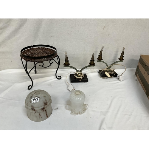 423 - BOX OF VINTAGE LAMPS AND GLASS SHADES