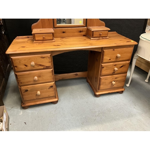 424 - MODERN PINE KNEEHOLE TWIN PEDESTAL 6 DRAWER DRESSING TABLE COMPLETE WITH MIRROR AND JEWELLERY DRAWER... 