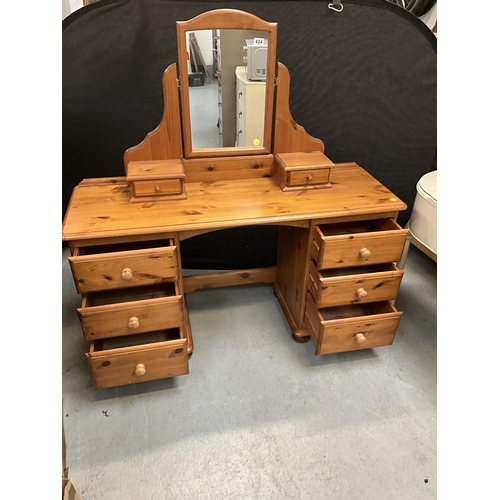 424 - MODERN PINE KNEEHOLE TWIN PEDESTAL 6 DRAWER DRESSING TABLE COMPLETE WITH MIRROR AND JEWELLERY DRAWER... 