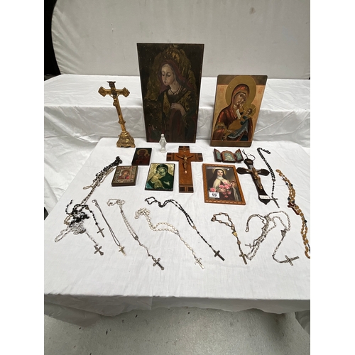 19 - BOX OF RELIGIOUS ITEMS TO INCLUDE CRUCIFIX'S, ROSARY BEADS, RELIGIOUS PICTURES ETC (ITEM 89)