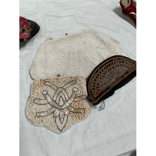 28 - CRATE OF VINTAGE SHOES, HANDBAGS ETC AND BOX OF EMBROIDERED AND SILK MATERIALS (ITEM 87,206)