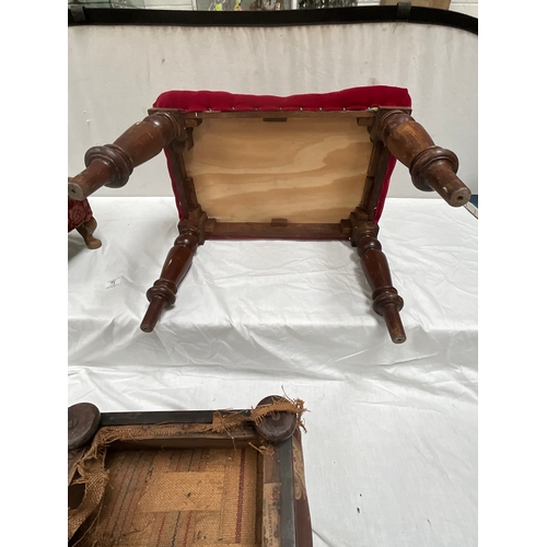 32 - VICTORIAN MAHOGANY UPHOLSTERED STOOL AND 2 OTHER FOOTSTOOLS