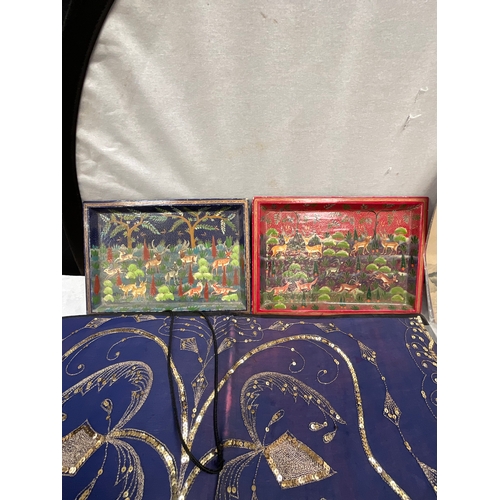 51 - BOX OF ORIENTAL KITES, HAND PAINTED TRAYS ETC (ITEM 75,79)