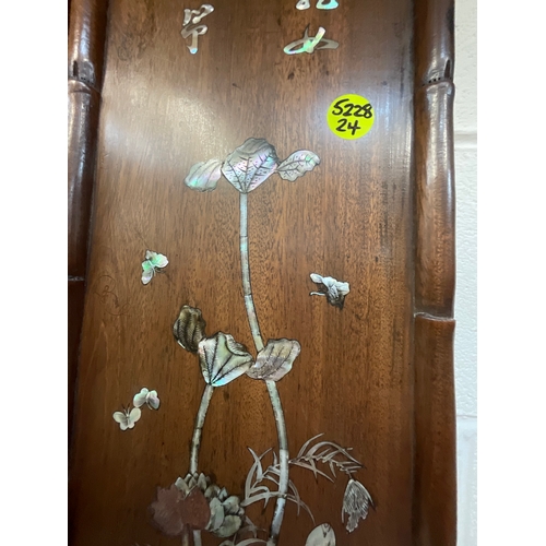 58 - 2 ORIENTAL MOTHER OF PEARL INLAID MAHOGANY PANELS DEPICTING VASES WITH FLOWERS A/F (ITEM 24) 40