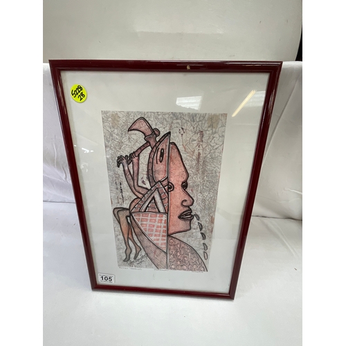 105 - NIGERIAN FRAMED PRINT ENTITLED HUMAN THINKING (ITEM 28) 18