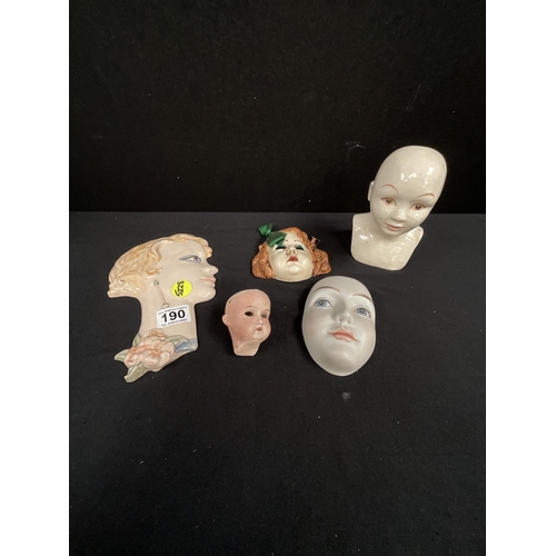 190 - VICTORIAN CERAMIC DOLLS HEAD WITH IMPRESSED MARK TO BACK 801 LS, 3 WALL PLAQUES AND 1 OTHER DOLLS HE... 