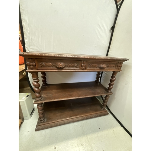 348 - VICTORAIN OAK DUMB WAITER WITH 2 CARVED DRAWERS OVER OPEN SHELVES WITH BARLEY TWIST SUPPORTS AND PIE... 