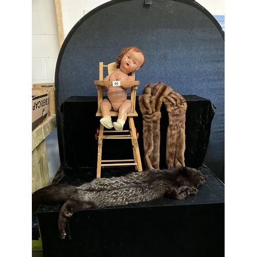 60 - VINTAGE DOLLS METAMORPHIC HIGH CHAIR, VINTAGE DOLL, FUR STOALS